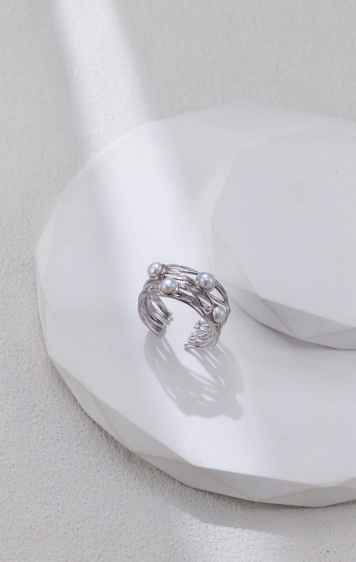 S925 Sterling Silver Woven Vine Pearl Ring –Minimalist Statement Jewelry