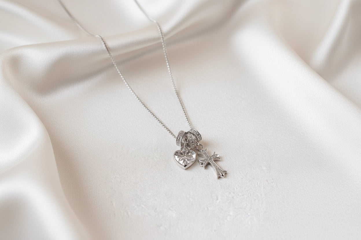 S925 Sterling Silver Cross & Heart Charm Necklace