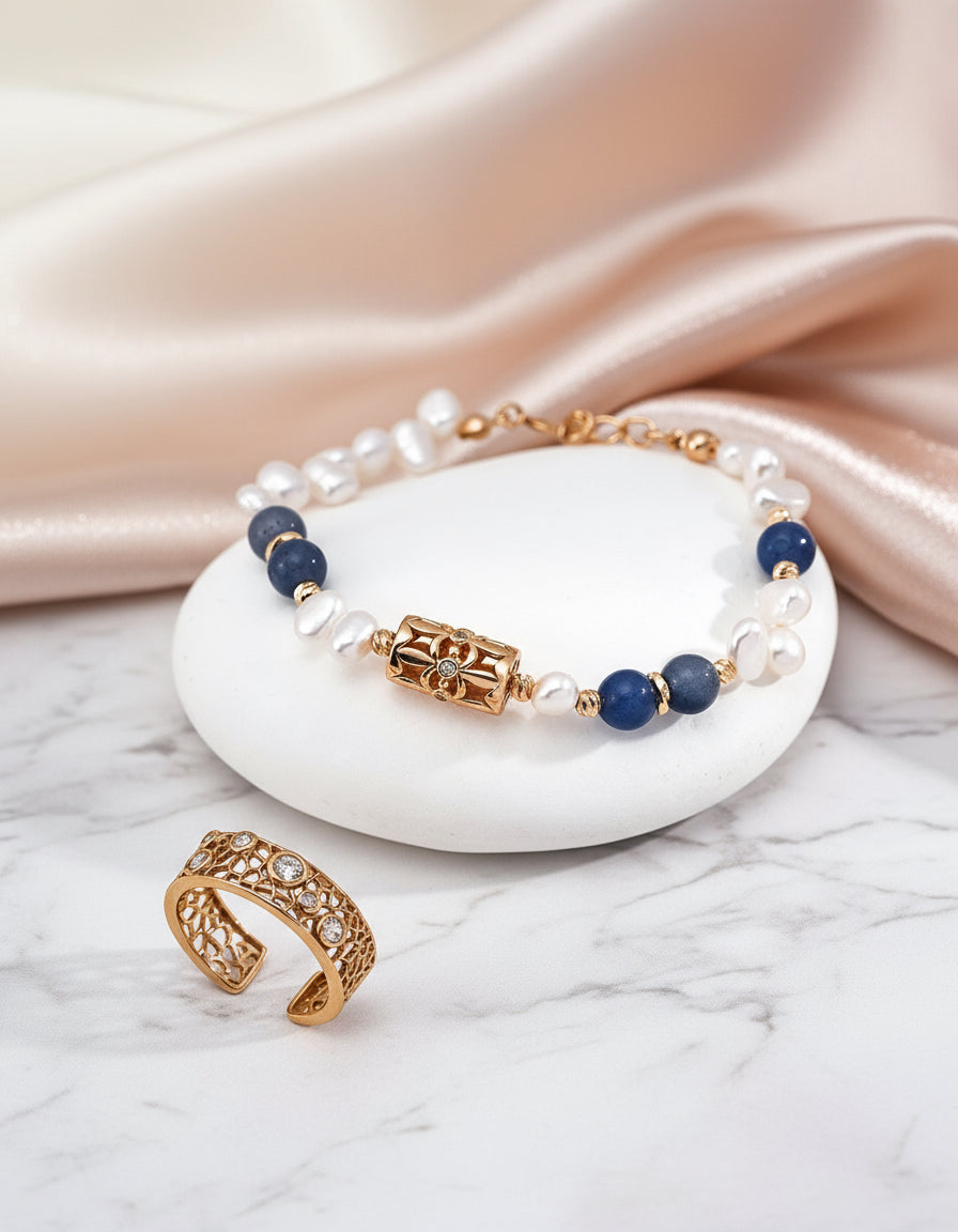 Vintage Gold Pearl & Blue Aventurine Bracelet | S925 Silver Jewelry