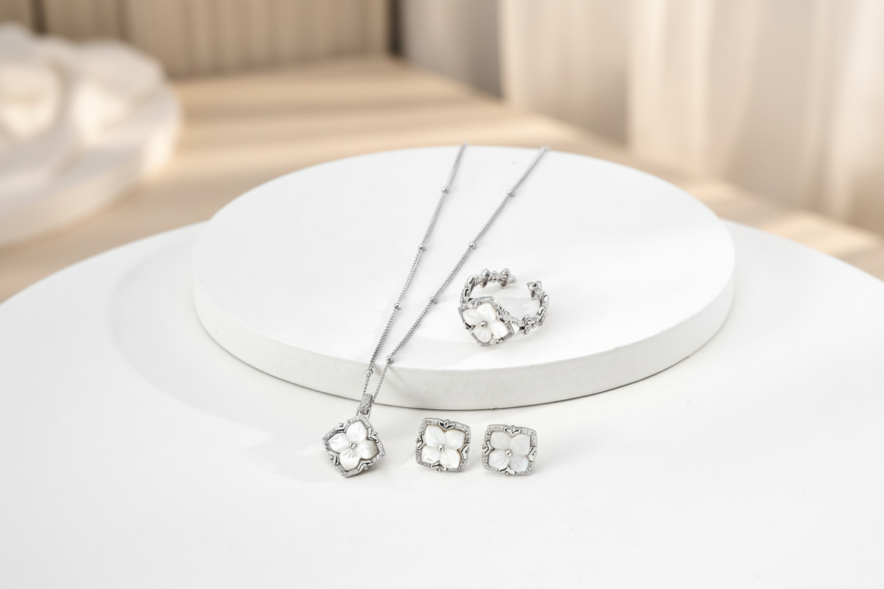 Mother-of-Pearl Flower Pendant Necklace in 925 Sterling Silver