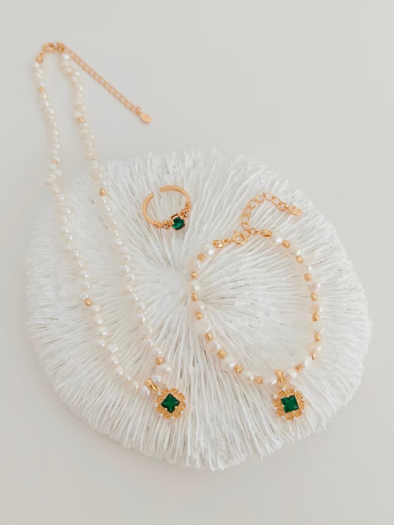 S925 Vintage Gold Pearl & Green Zircon Necklace and Bracelet Set | Natural Freshwater Pearl Jewelry