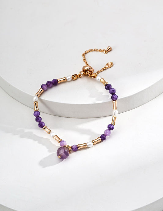 Amethyst & Pearl Bracelet – 925 Sterling Silver, Vintage Gold Finish