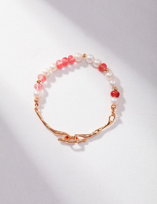 Strawberry Quartz beads and pearl bracelet