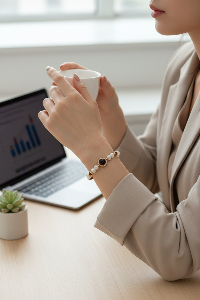 Vintage Pearl & Tiger Eye Bracelet – S925 Silver, Retro Gold Beaded Bracelet