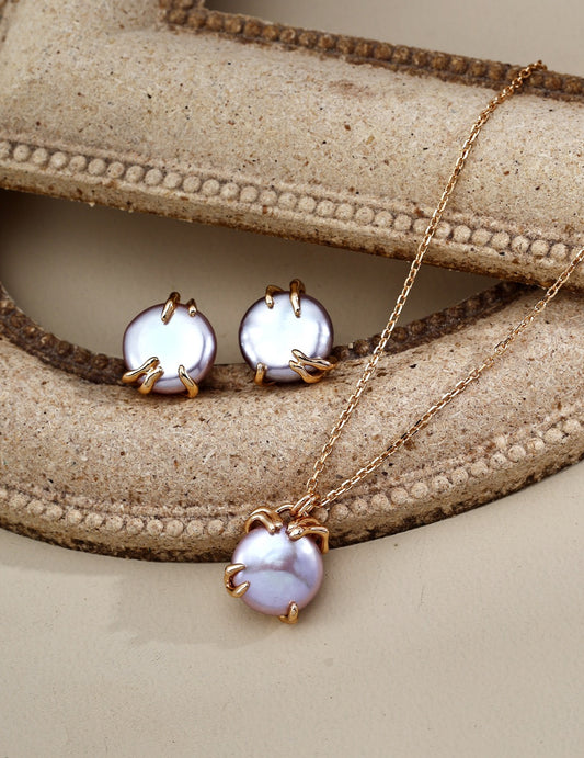 Vintage Gold Baroque Pearl Jewelry Set – Necklace & Stud Earrings | S925 Silver