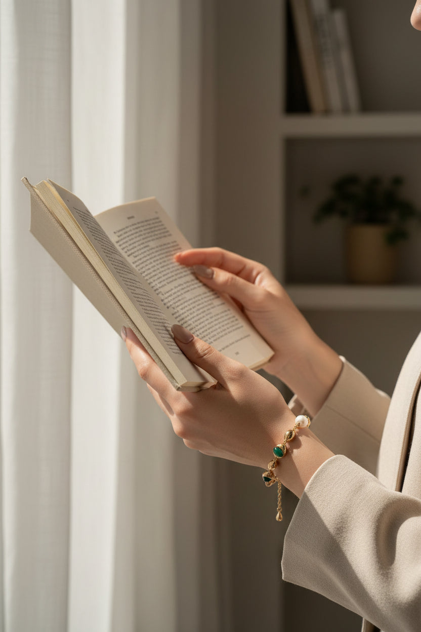 Vintage Gold Pearl & Malachite Adjustable Bracelet | S925 Sterling Silver