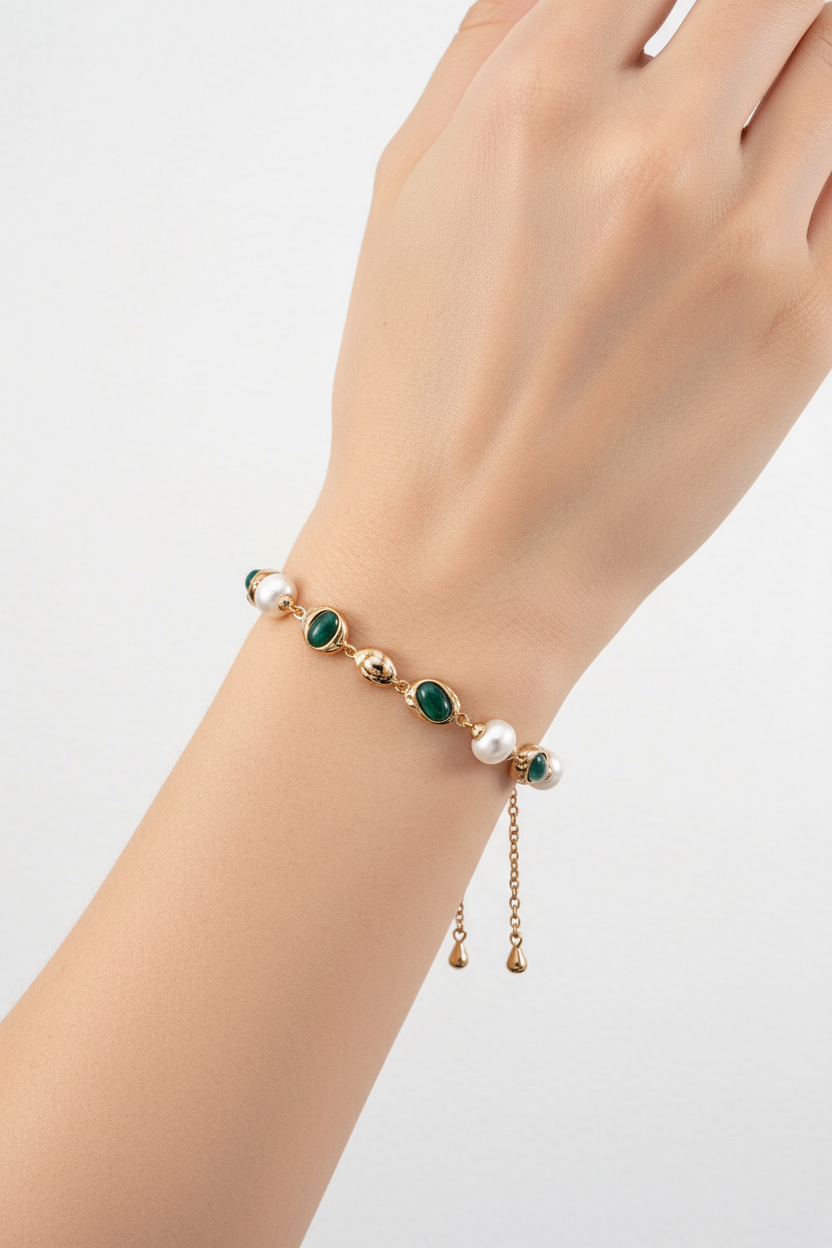 Vintage Gold Pearl & Malachite Adjustable Bracelet | S925 Sterling Silver