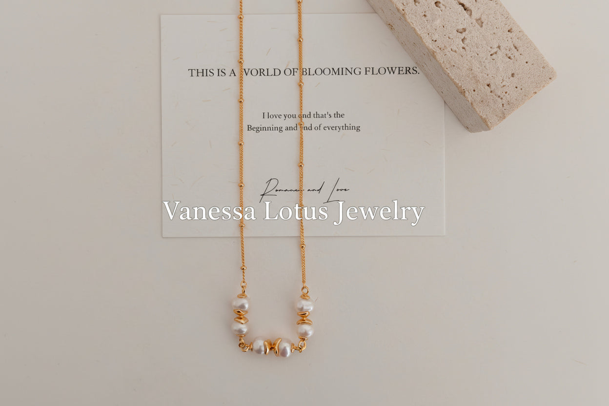 Vintage Gold Freshwater Pearl Station Necklace – 925 Sterling Silver Minimalist Pearl Choker Necklace