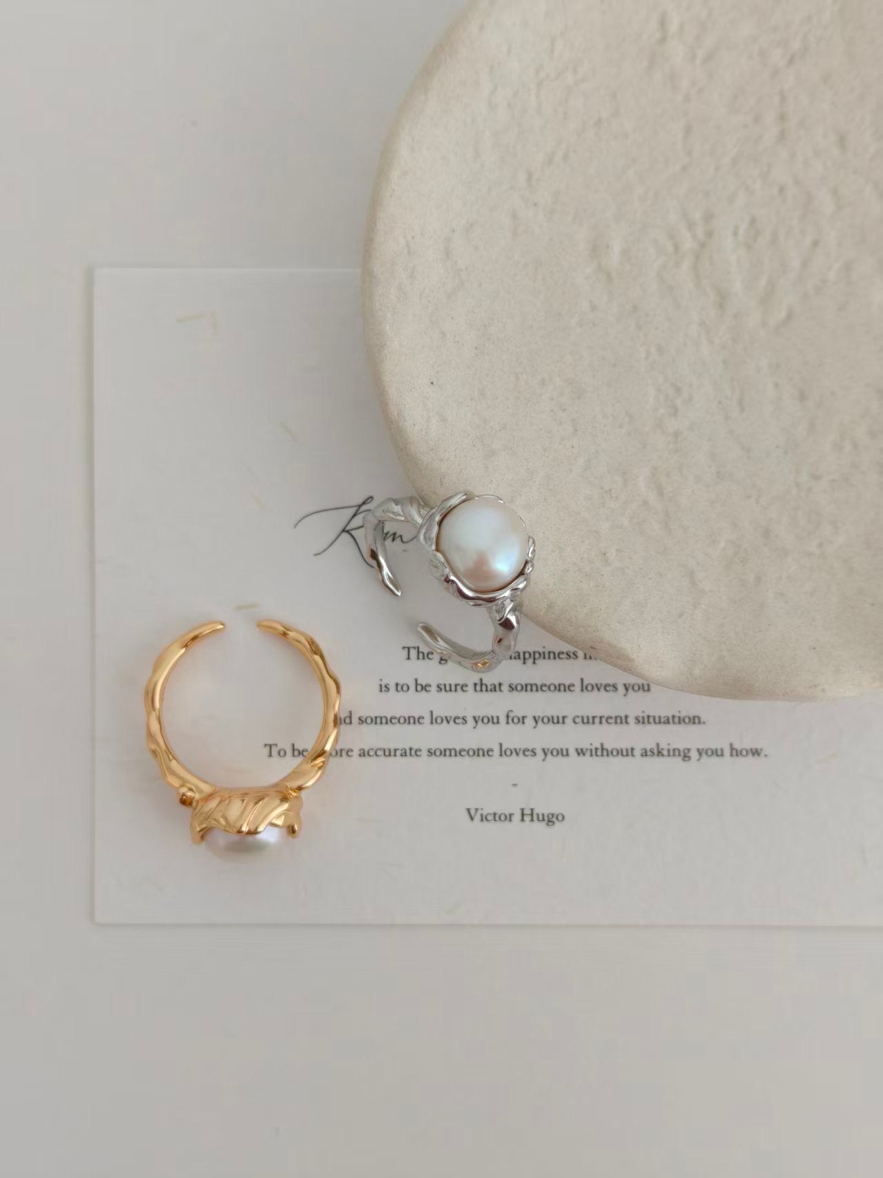 S925 Sterling Silver Natural Pearl Ring – Vintage Gold / Platinum Adjustable Ring