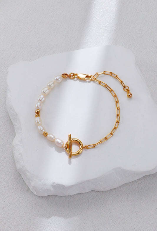 Aurora Pearl & Gold Chain Bracelet – S925 Sterling Silver