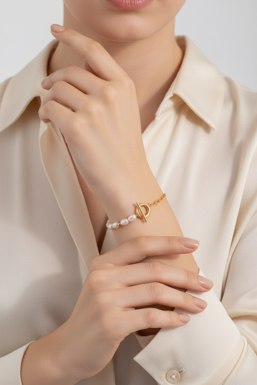 Aurora Pearl & Gold Chain Bracelet – S925 Sterling Silver