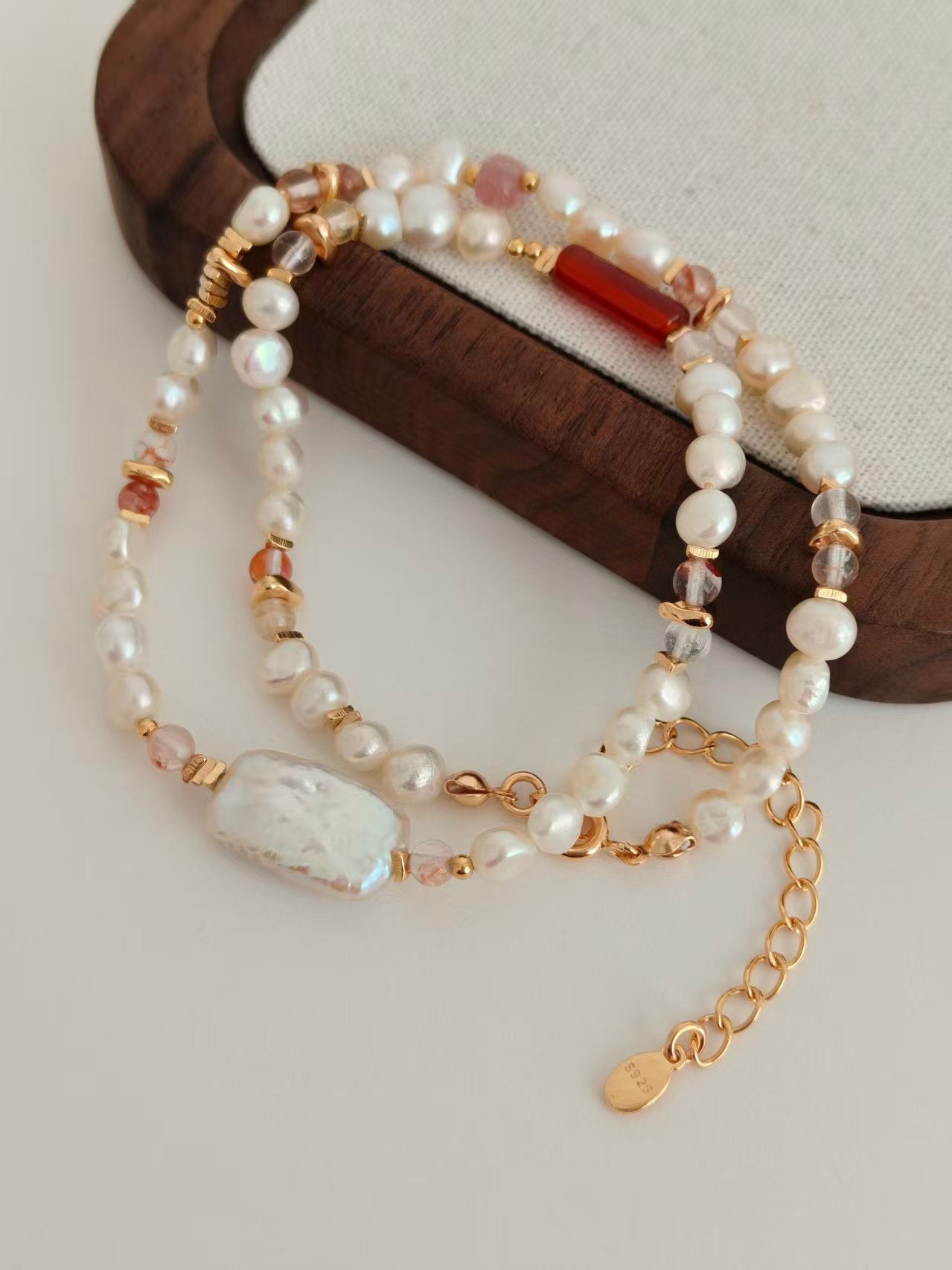 Strawberry Quartz & Pearl Beaded Necklace – S925 Silver