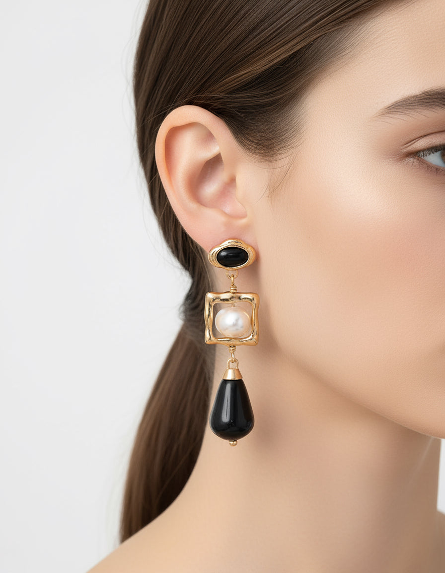 S925 Silver Pearl & Onyx Earrings with Velvet Choker Set