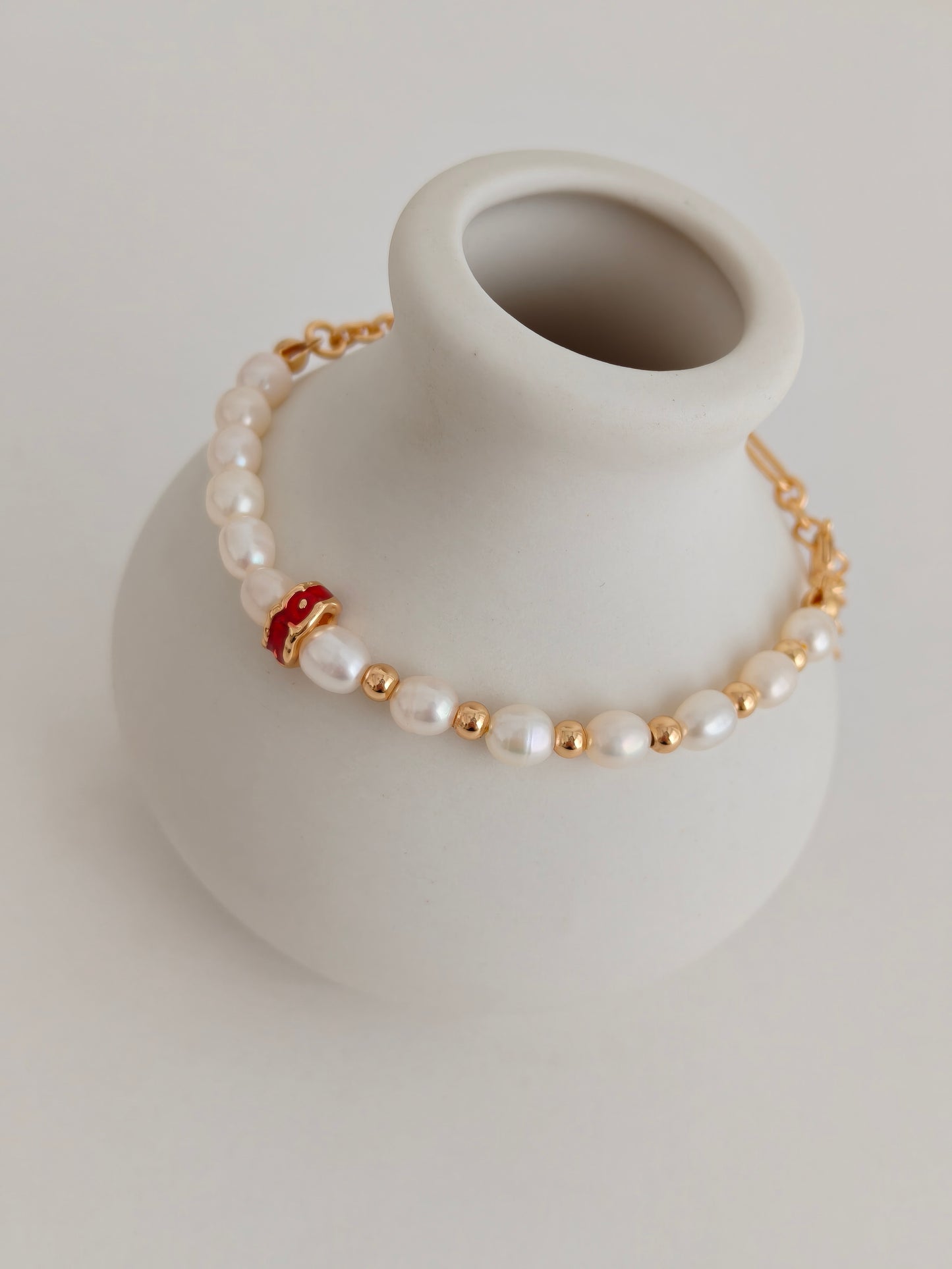 Natural Pearl & Enamel Charm Bracelet – S925 Sterling Silver Gold Plated Adjustable Bracelet