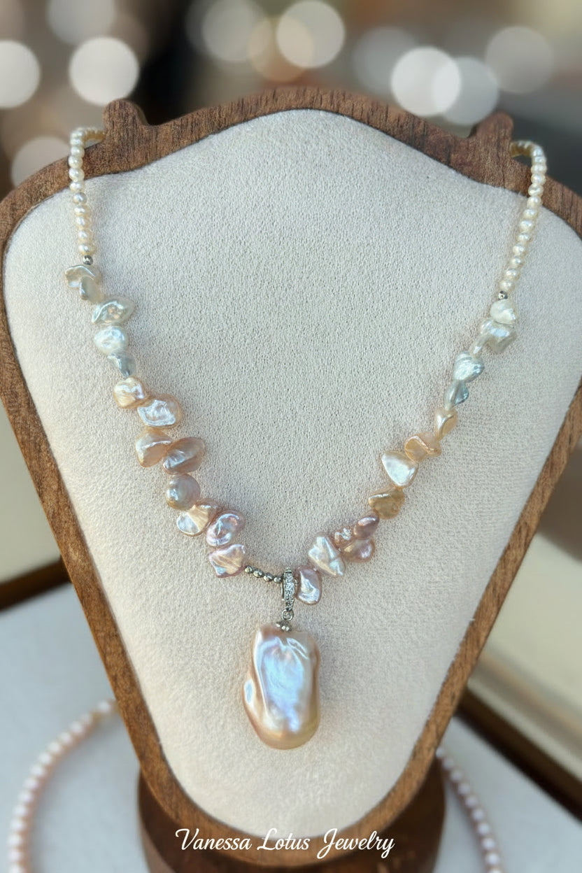 Removable Baroque Pearl Pendant Necklace – Freshwater Pearl & Pink Petal Pearls
