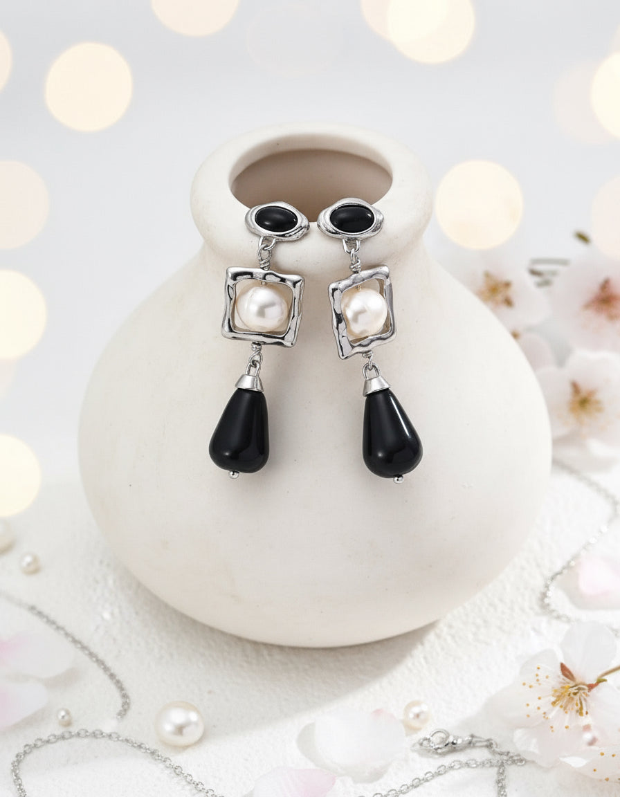S925 Silver Pearl & Onyx Earrings with Velvet Choker Set