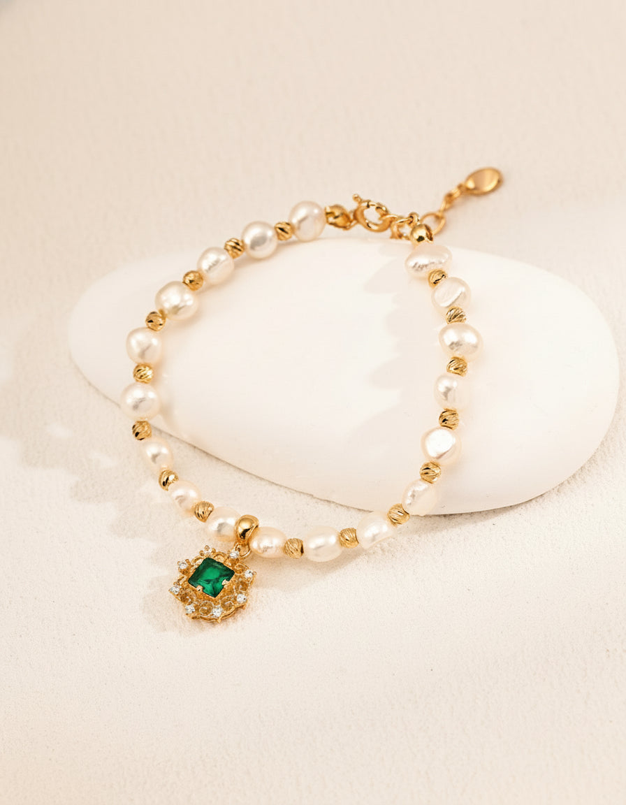 S925 Vintage Gold Pearl & Green Zircon Necklace and Bracelet Set | Natural Freshwater Pearl Jewelry
