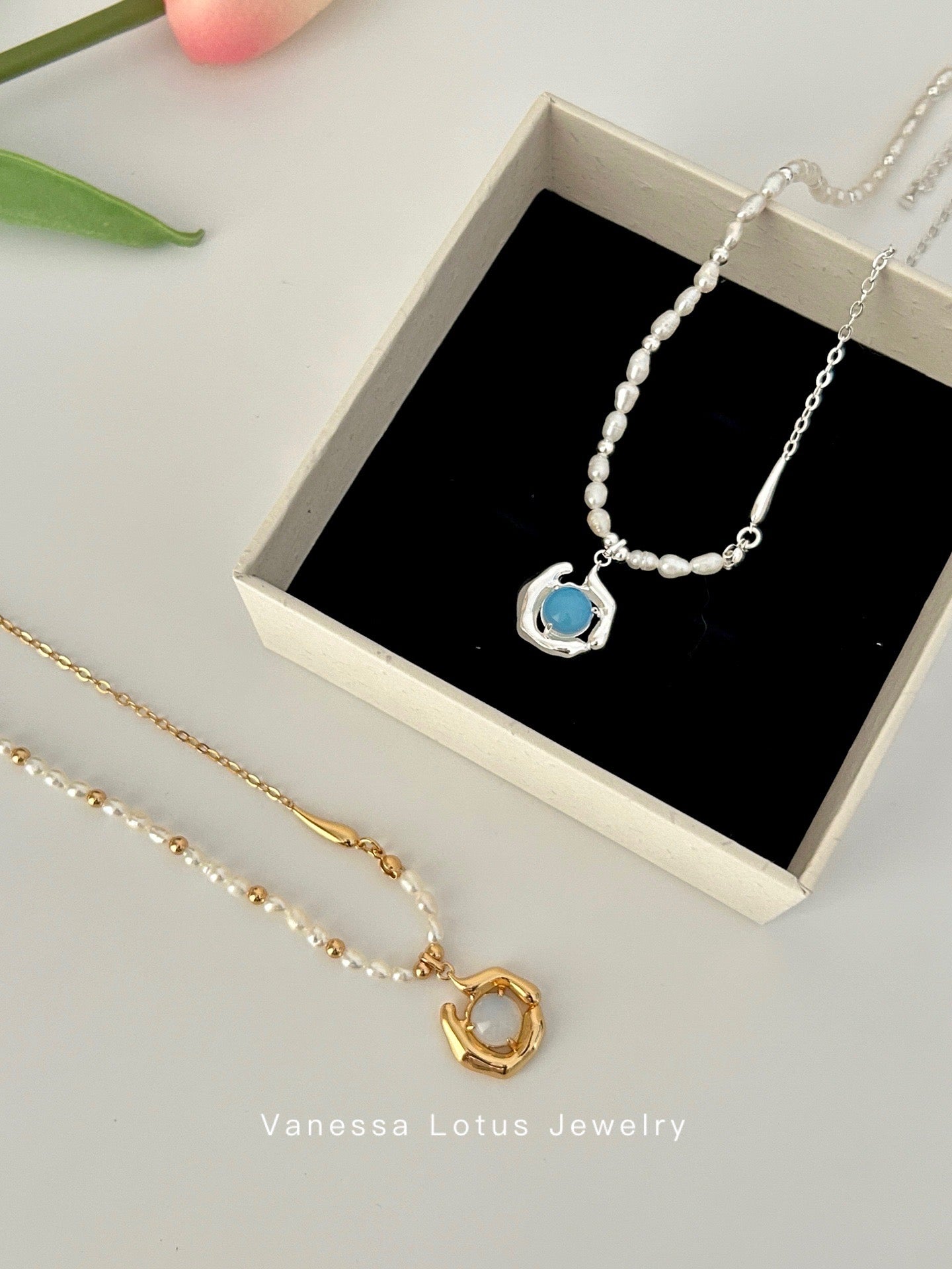 Pearl Necklace with Opal Pendant