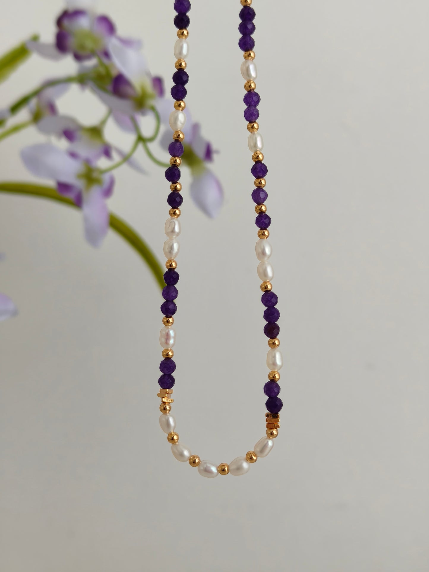 Vintage Gold S925 Sterling Silver Pearl & Purple Amethyst Beaded Necklace