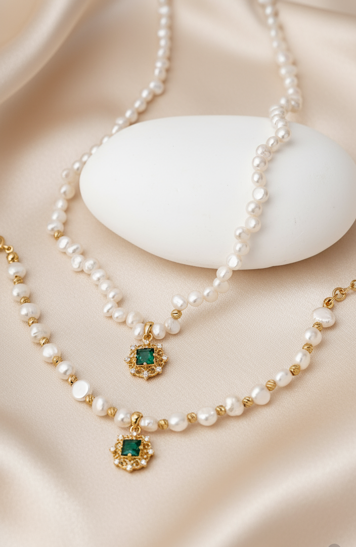 S925 Vintage Gold Pearl & Green Zircon Necklace and Bracelet Set | Natural Freshwater Pearl Jewelry