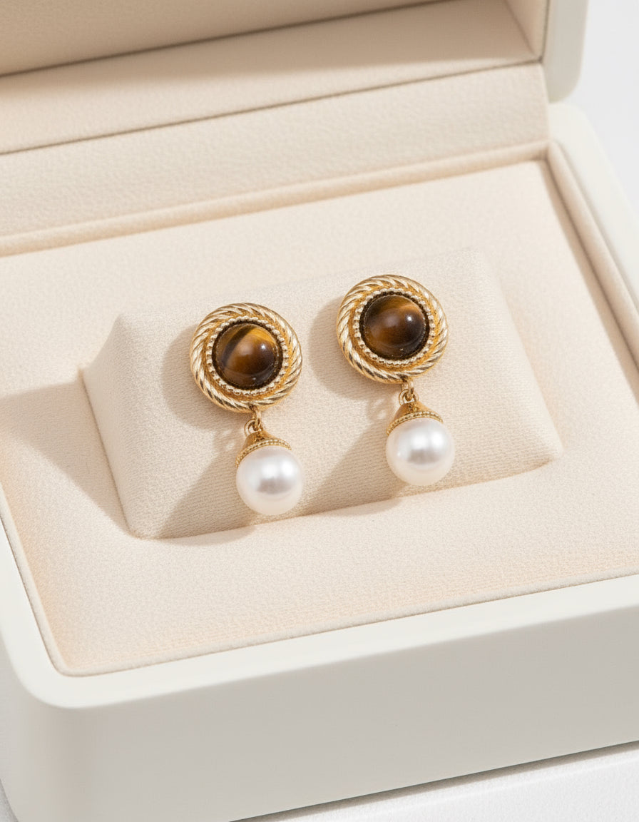 S925 Silver Tiger Eye & Pearl Earrings – Vintage Gold