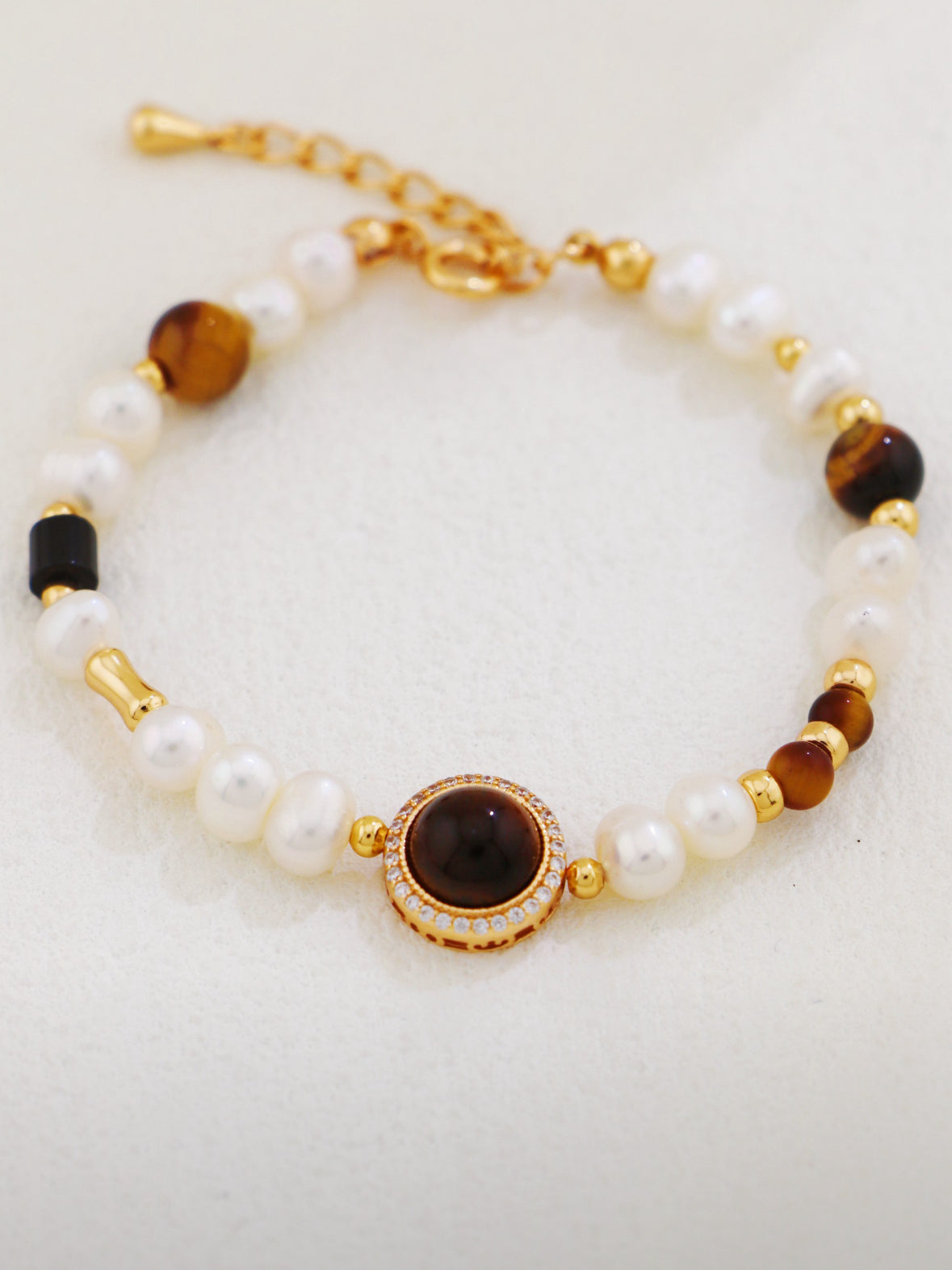 Vintage Pearl & Tiger Eye Bracelet – S925 Silver, Retro Gold Beaded Bracelet