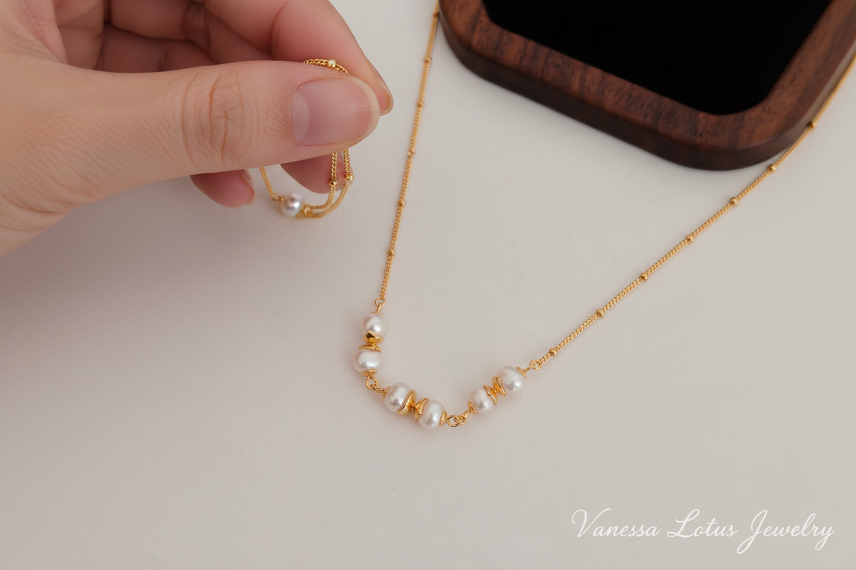 Vintage Gold Freshwater Pearl Station Necklace – 925 Sterling Silver Minimalist Pearl Choker Necklace