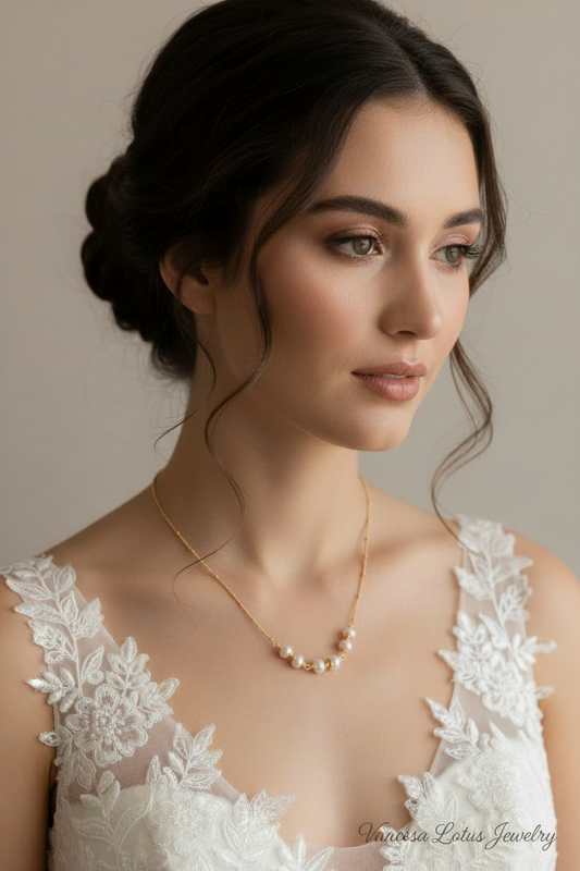 Vintage Gold Freshwater Pearl Station Necklace – 925 Sterling Silver Minimalist Pearl Choker Necklace