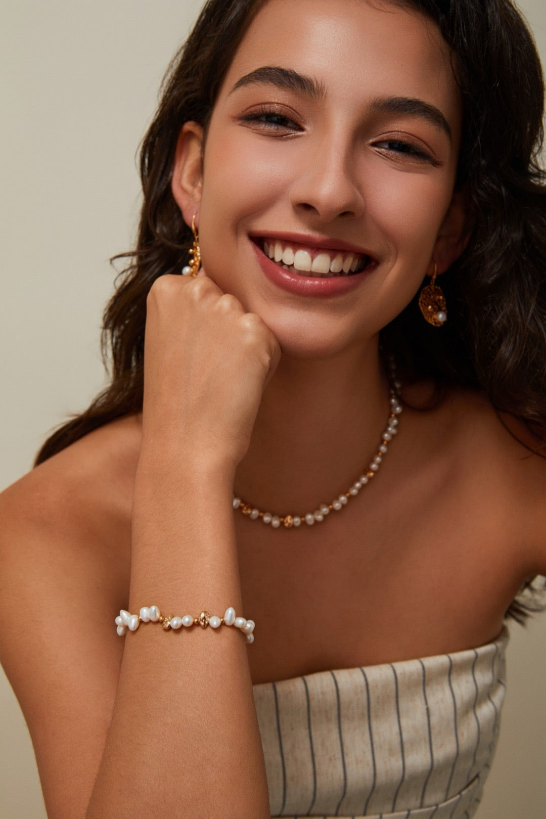 S925 Vintage Gold Pearl Necklace and Bracelet
