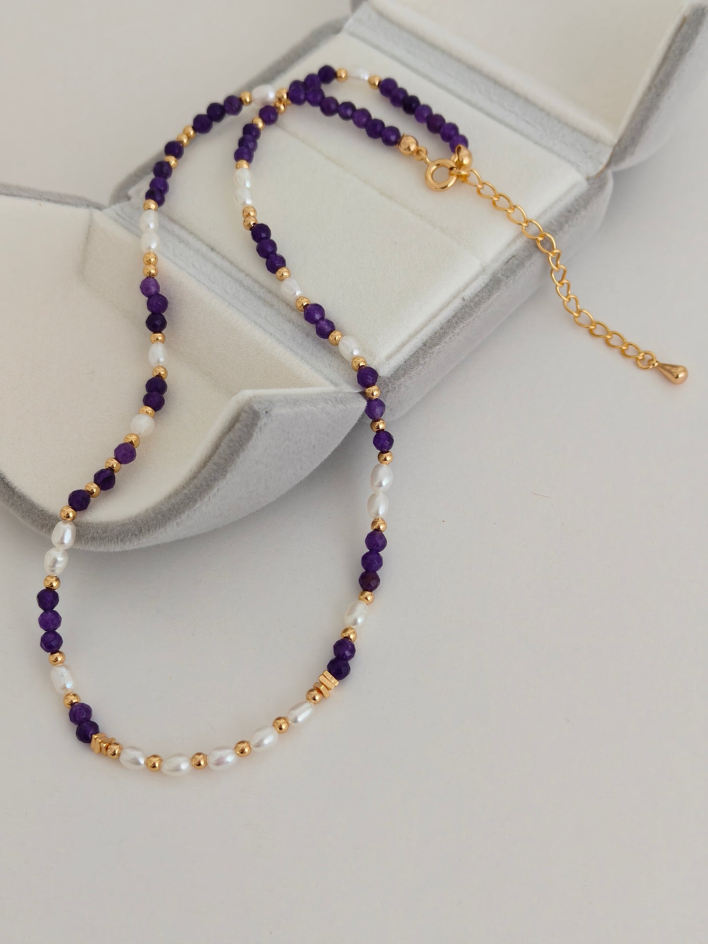 Vintage Gold S925 Sterling Silver Pearl & Purple Amethyst Beaded Necklace