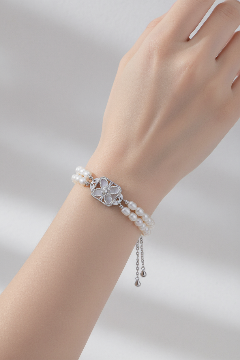 Blossom Emblem Pearl Bracelet – S925 Silver & White Shell Pearl