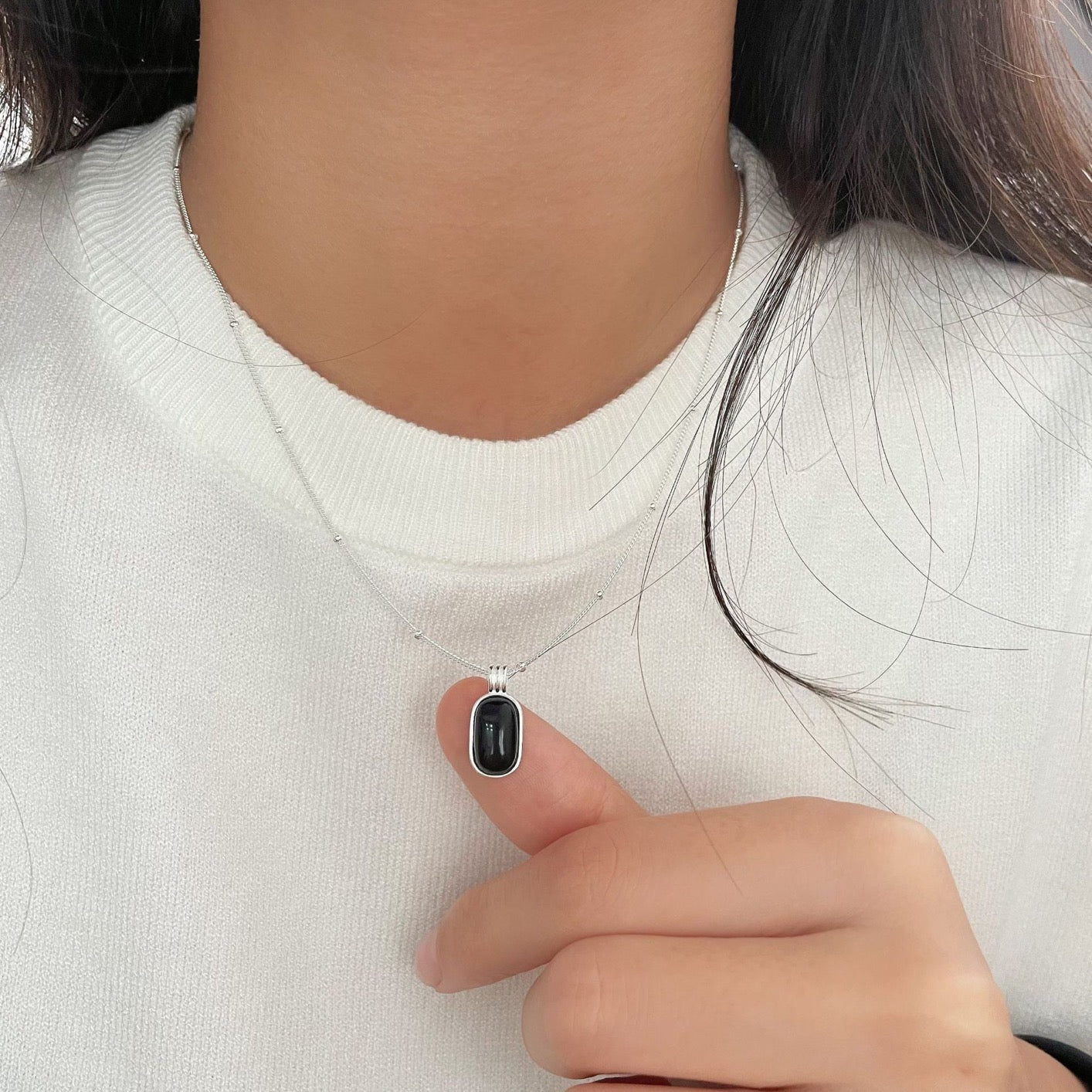 Black agate sterling silver necklace
