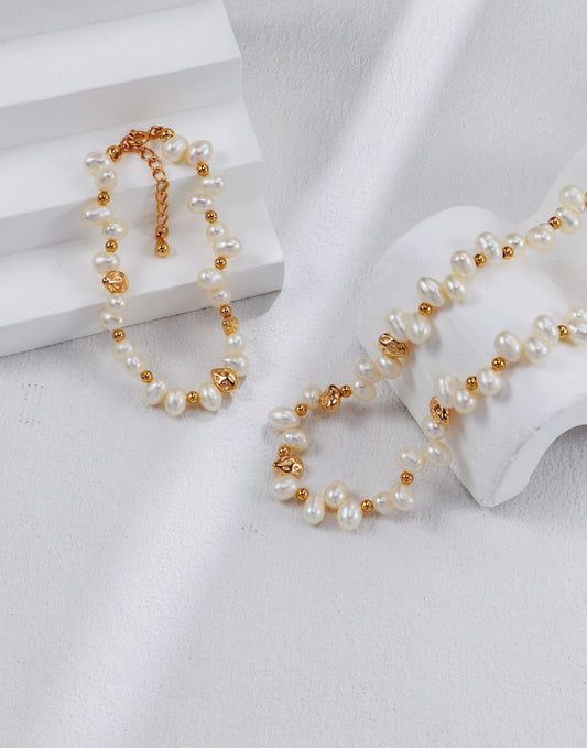 S925 Vintage Gold Pearl Necklace and Bracelet