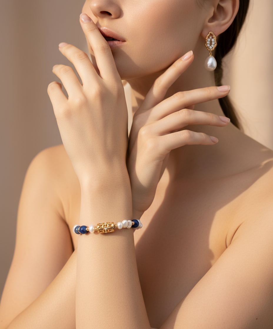 Vintage Gold Pearl & Blue Aventurine Bracelet | S925 Silver Jewelry