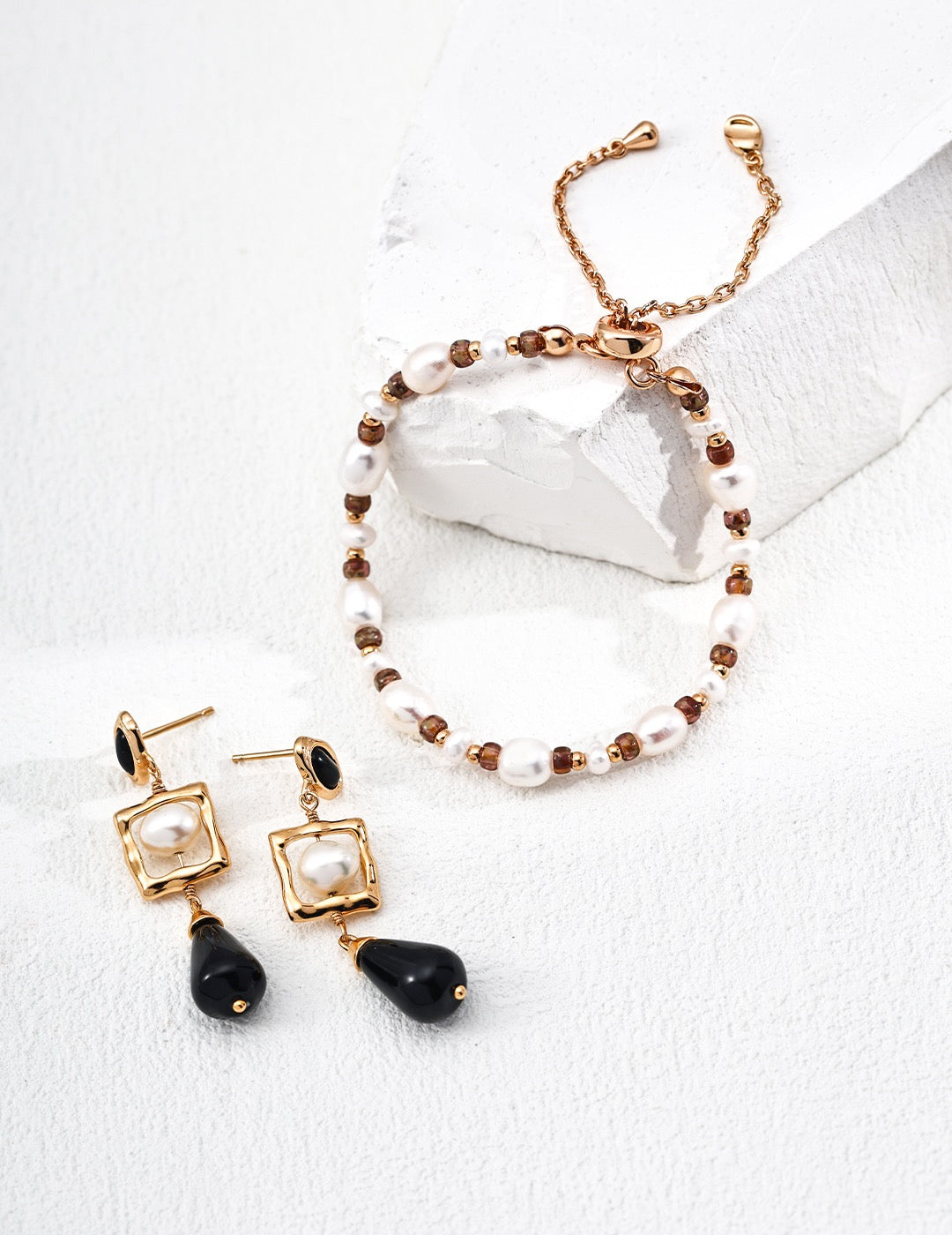 Vintage Gold Pearl & Glazed Glass Bead Jewelry Set – S925 Silver