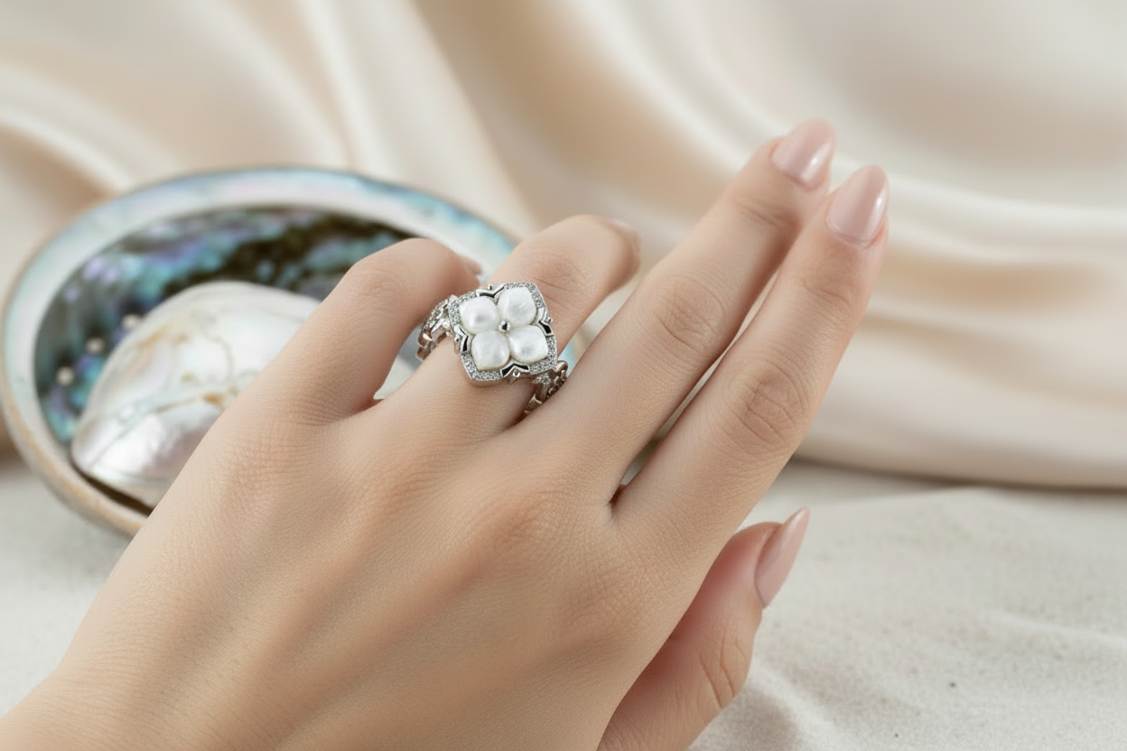 Mother of Pearl Floral Ring in S925 Sterling Silver, Adjustable