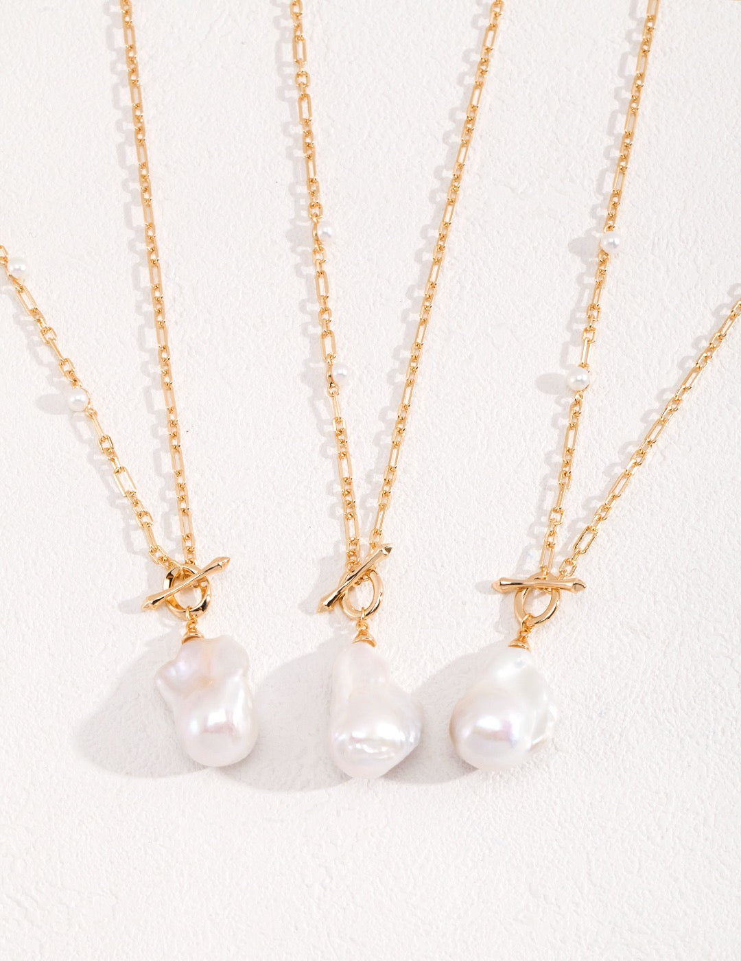 S925 Sterling Silver Baroque Pearl & Zircon Pendant Necklace – Vintage Gold, 60cm