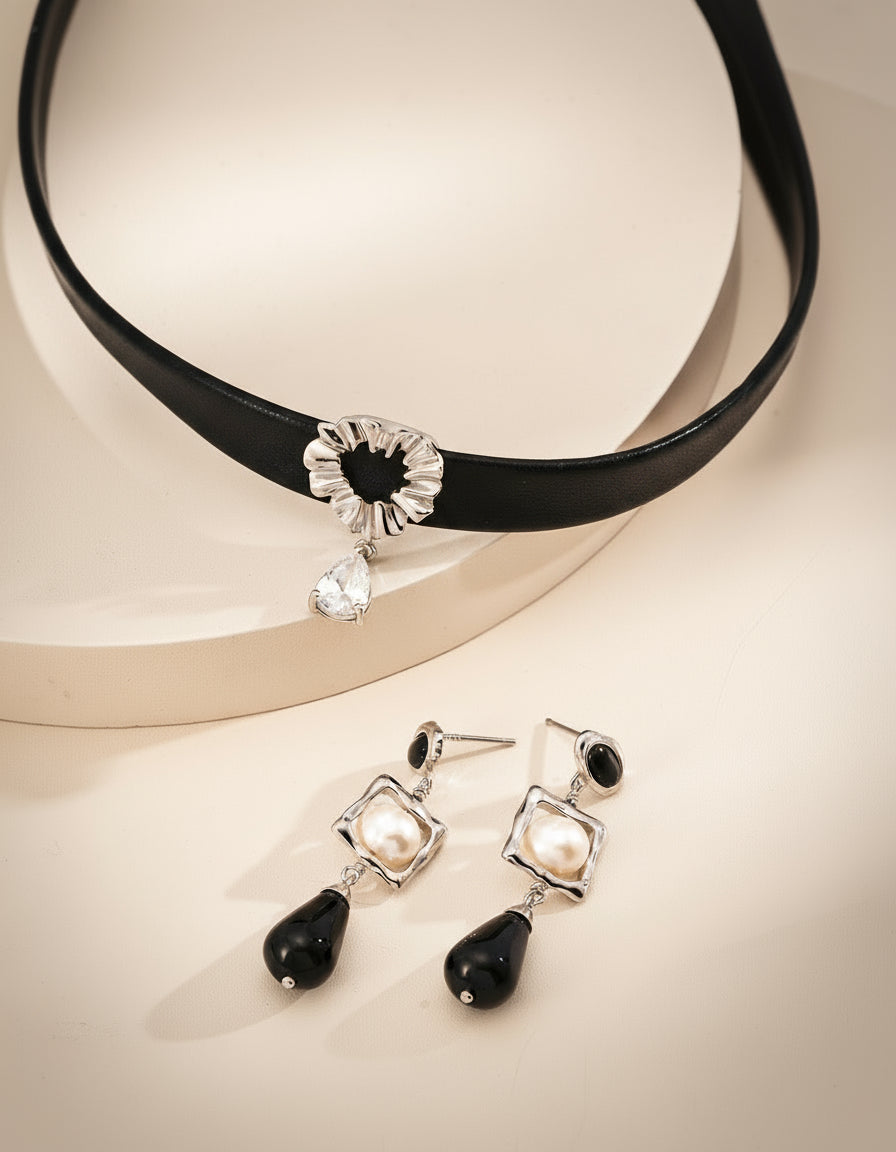 S925 Silver Pearl & Onyx Earrings with Velvet Choker Set