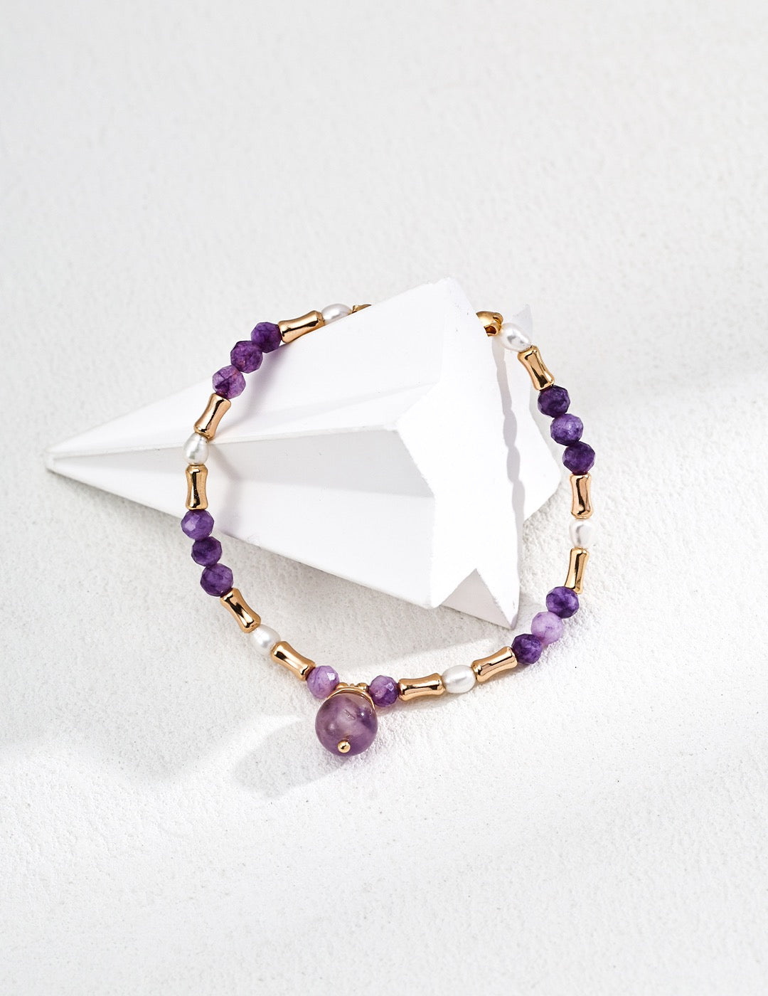 Amethyst & Pearl Bracelet – 925 Sterling Silver, Vintage Gold Finish