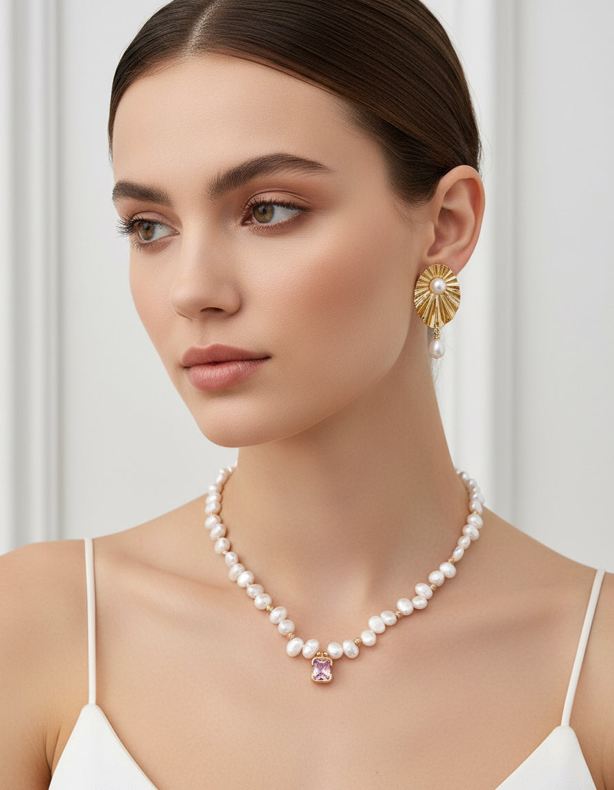 S925 Silver Pink Zircon & Pearl Necklace – Vintage Gold