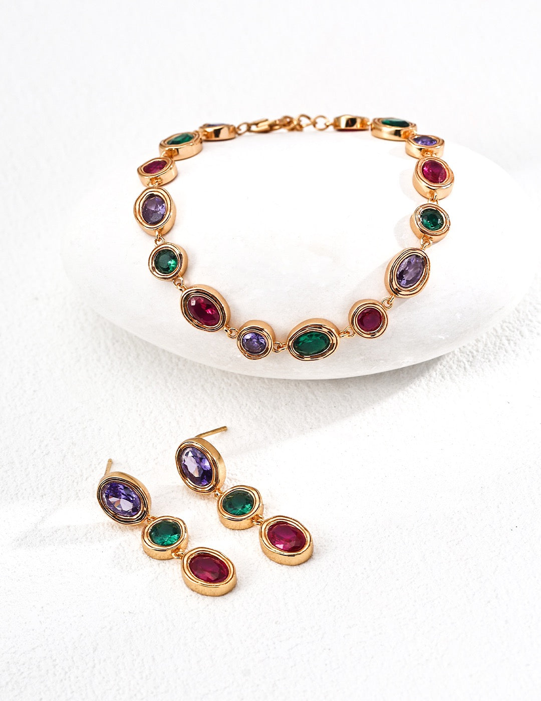 Aurora Elegance Multi-Gemstone Gold Plated Jewelry Set (Earrings & Bracelet)