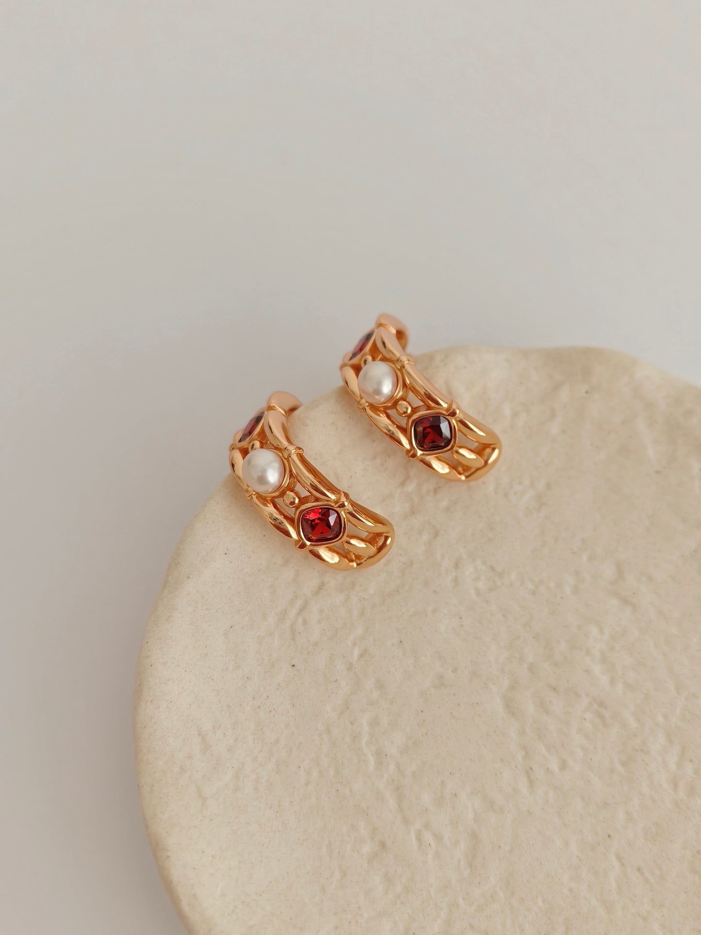 Royal Garnet & Pearl Gold Vermeil Huggies Earrings