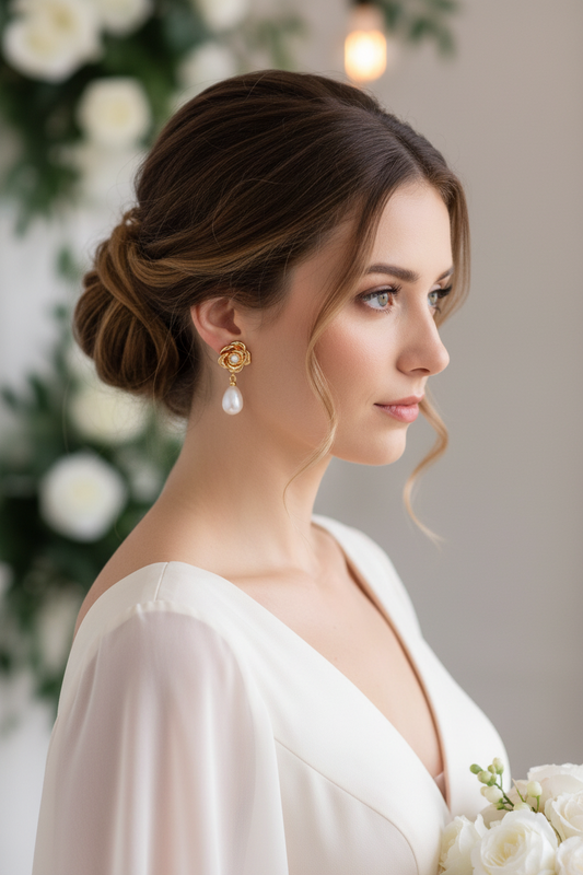 Vintage Rose Pearl Drop Earrings | S925 Sterling Silver | Antique Gold Floral Design