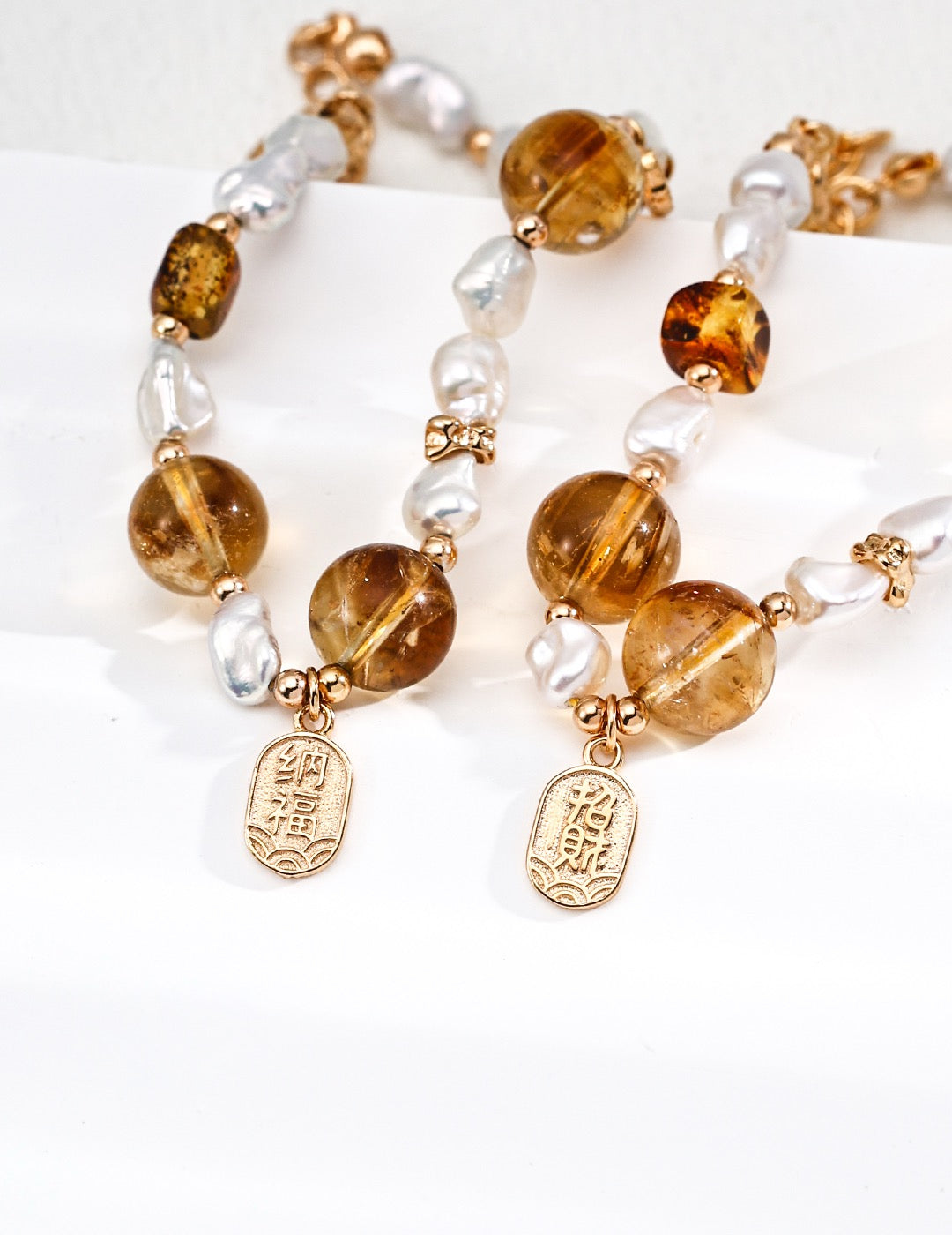Citrine & Pearl Prosperity Bracelet – S925 Silver | Vintage Gold Finish