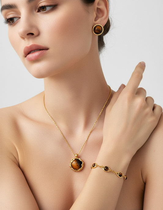 S925 Tiger’s Eye Vintage Gold Earrings