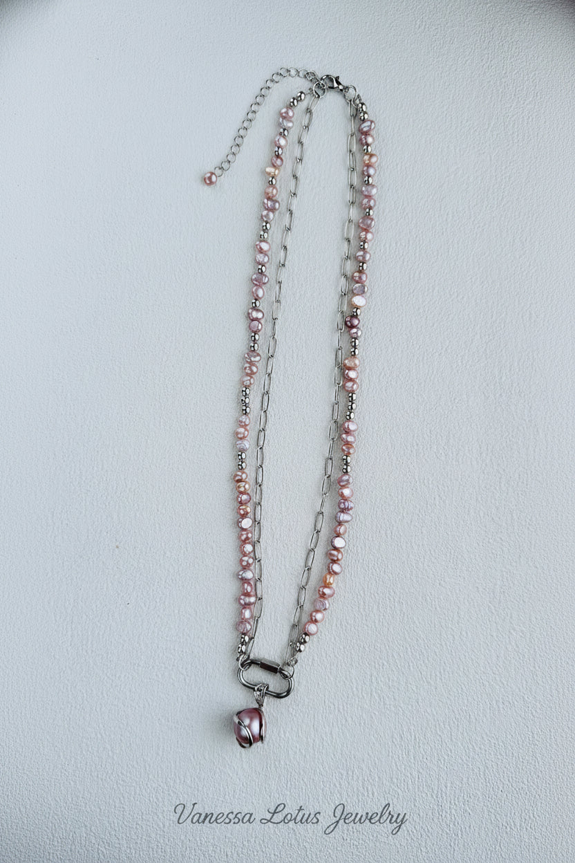 Freshwater Pink Pearl Necklace with Platinum Chain