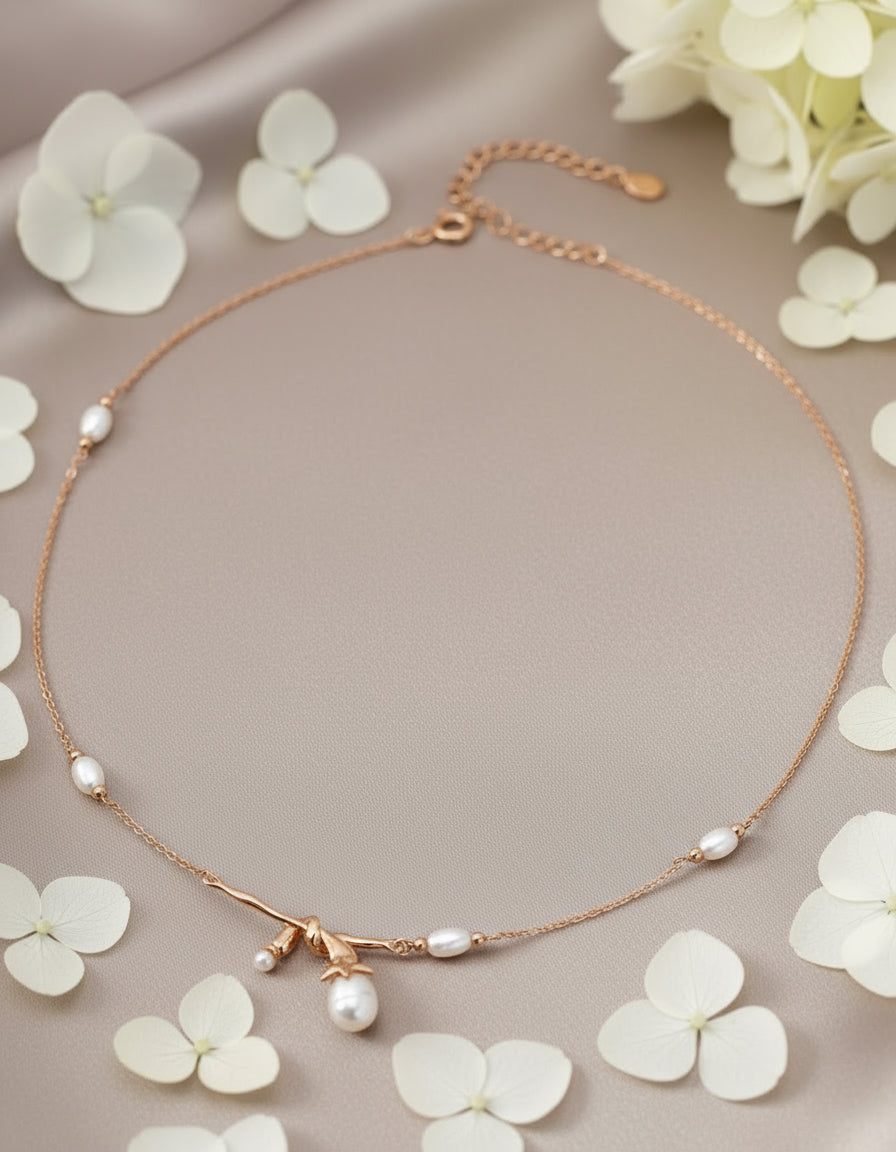 S925 Natural Pearl Necklace & Bracelet Set | Vintage Gold