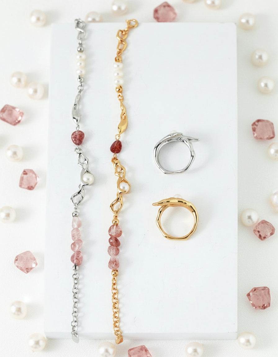Natural Pearl & Strawberry Quartz Bracelet — S925 Sterling Silver