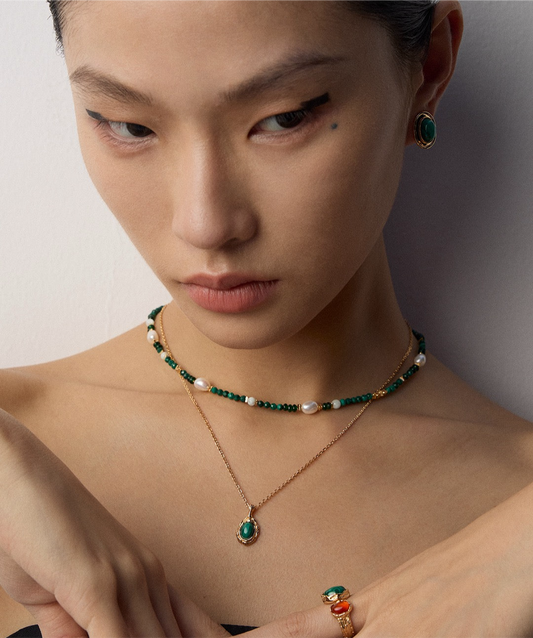 Vintage Gold Pearl and Malachite Beaded Necklace – 925 Sterling Silver