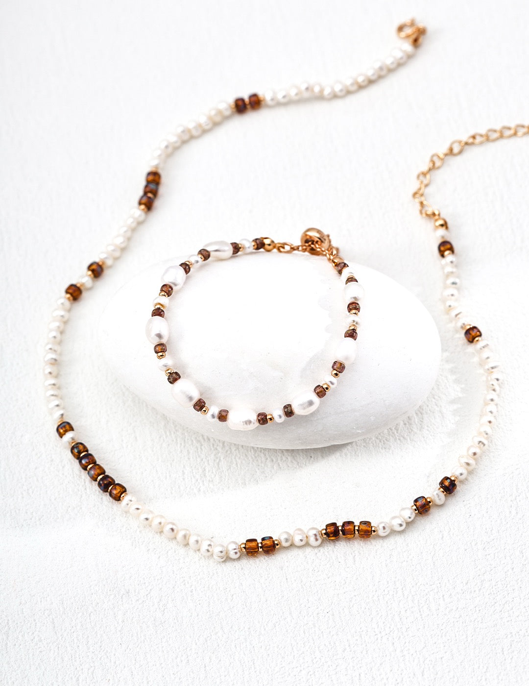 Vintage Gold Pearl & Glazed Glass Bead Jewelry Set – S925 Silver